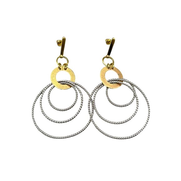 Two Tones Silver Gold Dangles Earrings Intersecting Circles Designer Signed - Picture 1 of 6